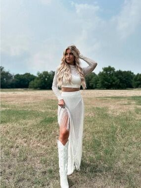 Fringe Knit Maxi Skirt in Cream Punchy Blonde